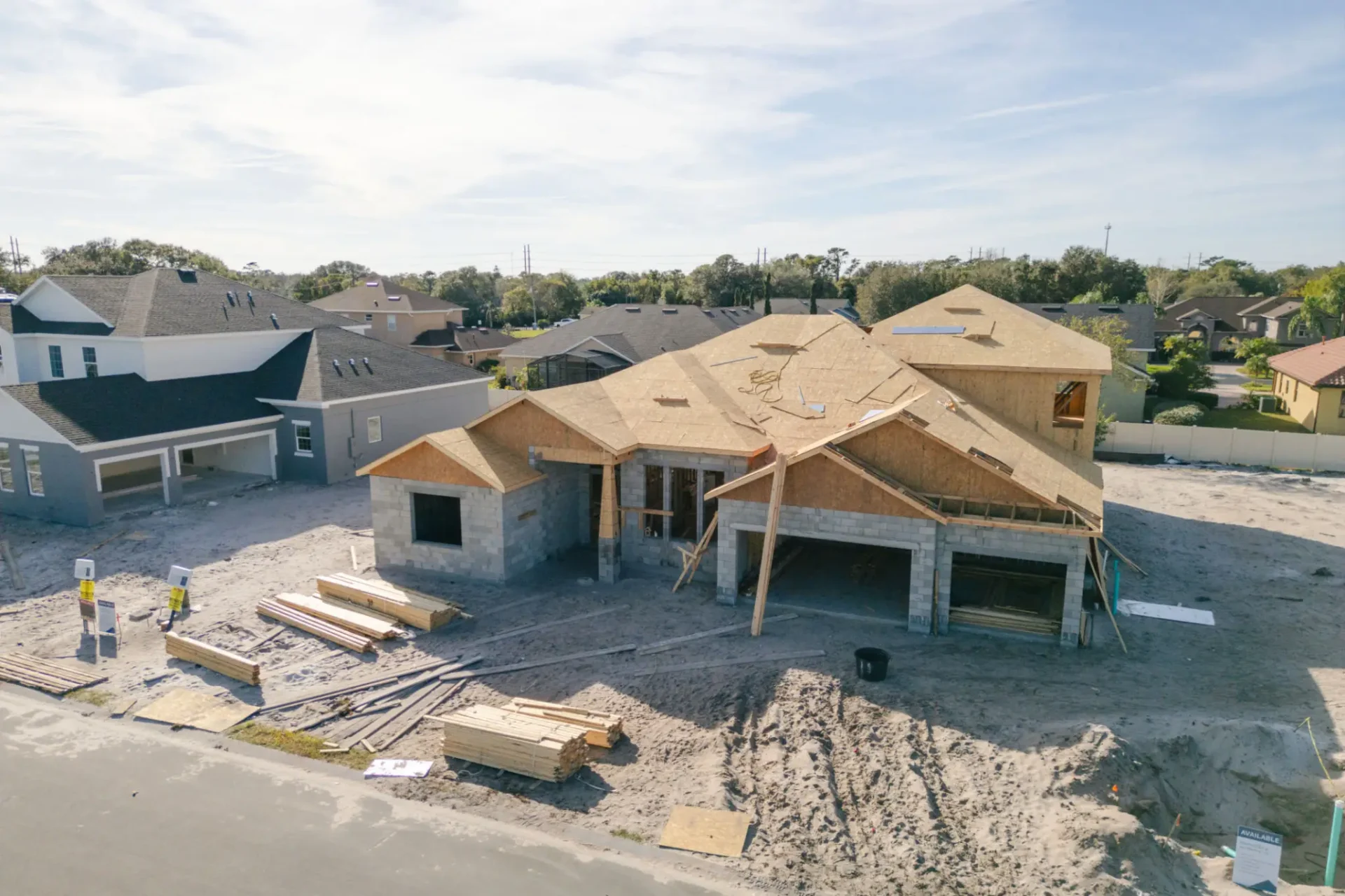 House under construction with wooden framework