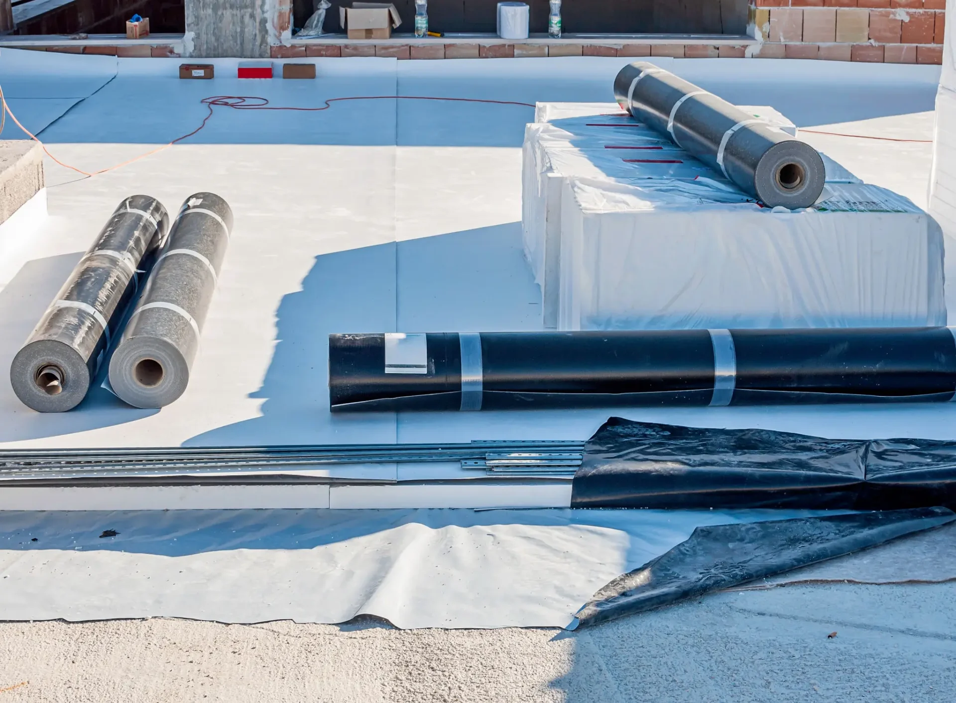 Construction supplies on a rooftop