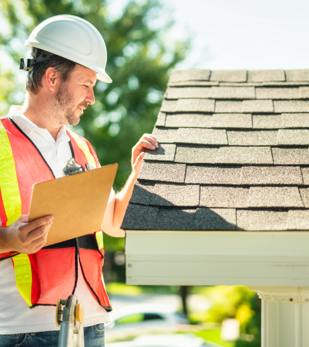 Man in hard hat conducting roof inspection
